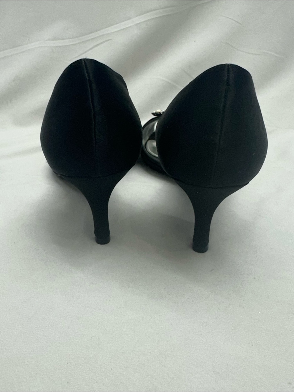 Nina Black Satin Like Open Toe Heels with Crystal Buckle 8 - Picture 5 of 6